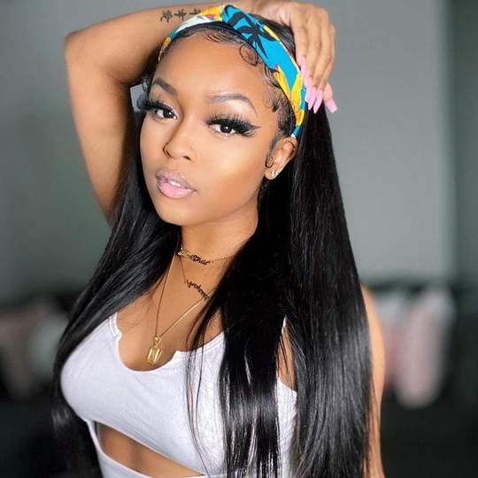 Straight Human Hair Wigs With Headbands Attached Non Lace Front Wigs Black Color 150% Density