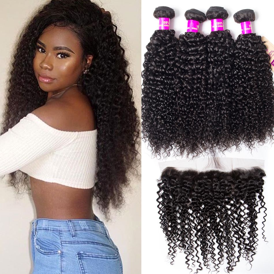 Wendy Brazilian Curly Human Hair Weft With Frontal 100% Human Hair 4 Bundles With Frontal Brazilian Virgin Hair
