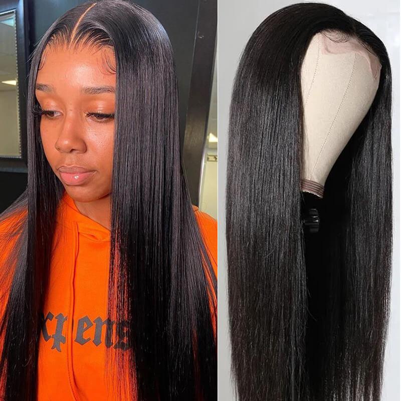 Fake Scalp Wig Straight Human Hair Lace Part Wig Preplucked Natural Hairline 150% Density
