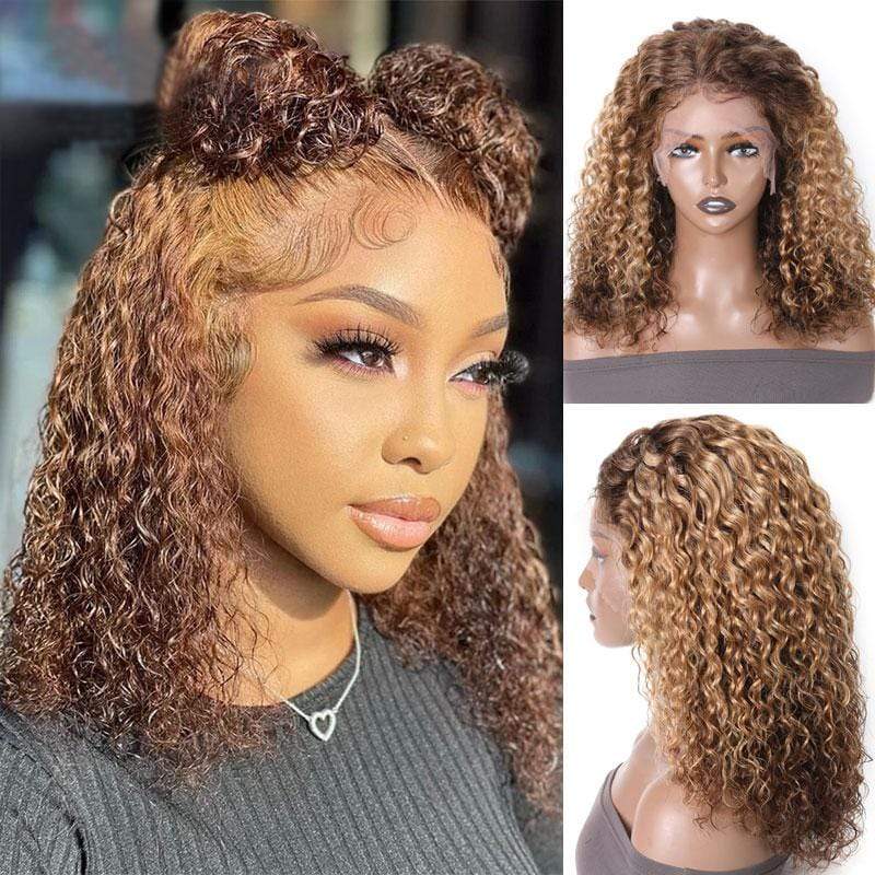 Honey Blonde Water Wave Lace Front Wig Ombre Human Hair Two-toned Shoulder Length