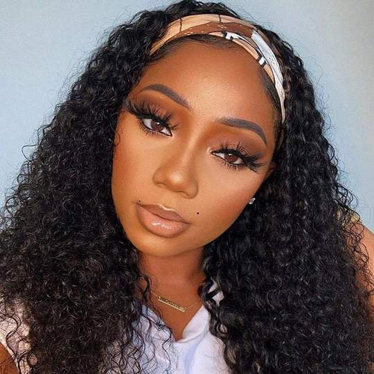 Headband Wig Curly Human Hair Wig With Free Scarf Natural Color Wig For Black Women