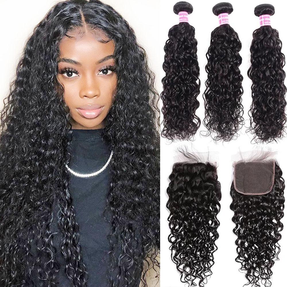 Brazilian Water Wave Human Hair 3 Bundles Deal with 4x4 Swiss Lace Closure