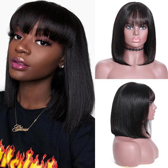 Silky Straight Bob Wig with Bangs 13x4 Lace Front Human Hair Wigs 150% Density