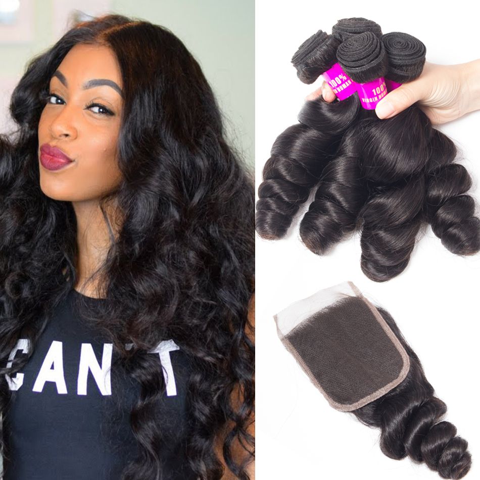 Virgin Hair Malaysian Loose Wave With Closure Malaysian Remy Hair Spring Curly 4 Bundles Hair Weft With Closure