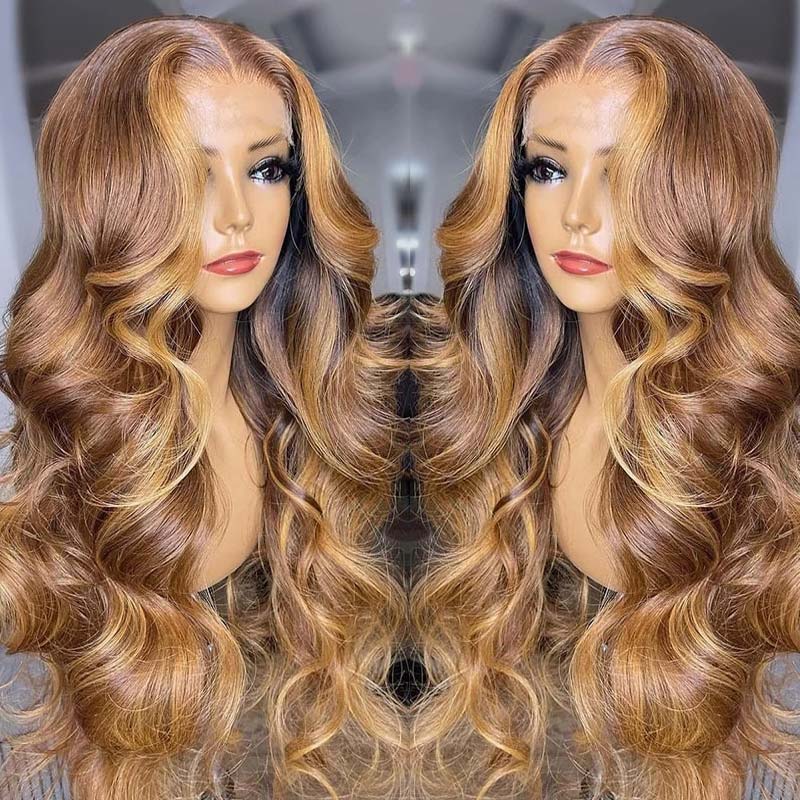 Honey 13x5 Middle Part T Lace Front Wig Honey Blonde Highlight Human Hair Wigs Body Wave