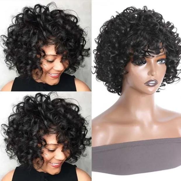 Bouncy Curls Short Human Hair Wigs with Bangs Glueless Pixie Cuts Wigs For Women