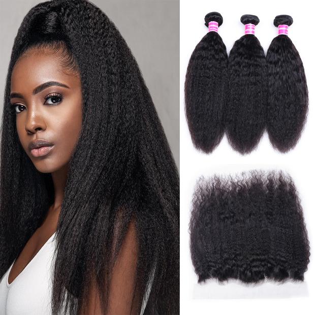 Brazilian Kinky Straight Hair 3 Bundles with Lace Frontal Closure Brazilian Human Hair Bundles