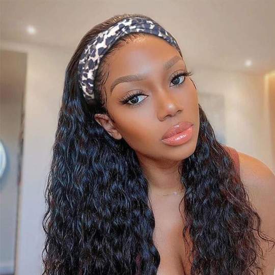 Remy Hair Water Wave Headband Wig With Pre-attached Scarf 150% Density Human Hair Wigs Youth Series