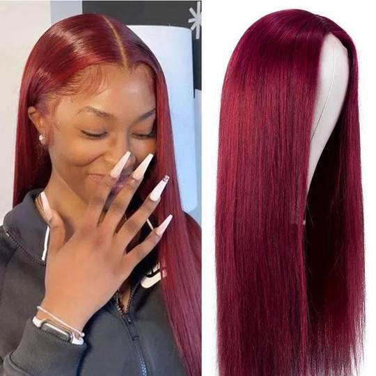Burgundy Color Straight Hair Lace Part Wig Fake Scalp Wig 150% Density For Sale