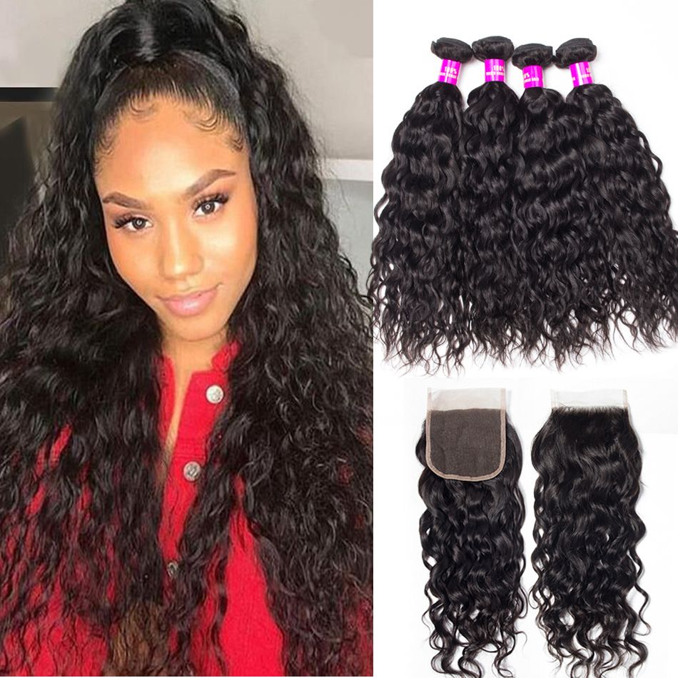 Wet And Wavy Human Hair Weave Bundles With Closure Natural Color 4 Bundles Malaysian Water Wave With Closure