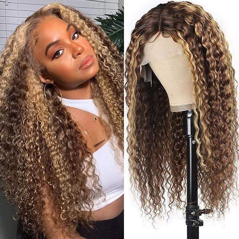 Honey Blonde Highlight Pre Plucked 13x4 Lace Front Wigs Long Curly Human Hair Wigs 180% Density