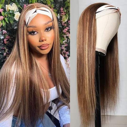 Headband Wig Blonde Highlight Piano Color Straight Human Hair Wigs With Pre-attached Scarf