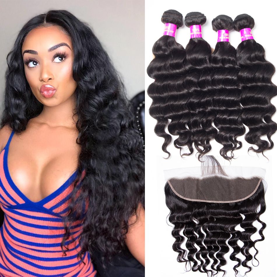 4 Bundles Human Hair Weft With Frontal Loose Deep Wave Peruvian Virgin Hair Bundles With 13*4 Frontal Best Deal