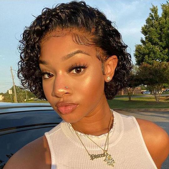 Short Bob Pixie Cut Wig Virgin Human Hair Water Curly Pre Plucked Bleached Knots 6 Inches