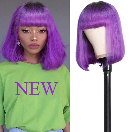 Hair Bob Wig 12 Inch Short Bob Wig 1B/Purple Colored Wig Glueless Bob Wig With Bang 100% Human Hair
