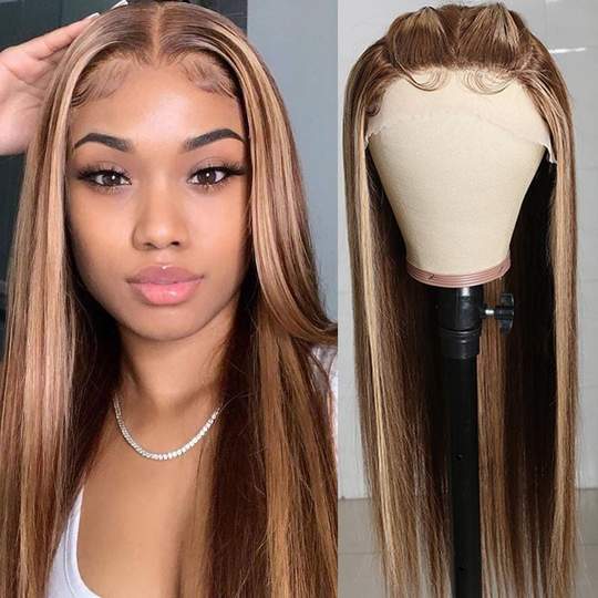 Honey Blonde Highlight Straight Human Hair Wigs Hand-Tied Three Part Lace Wigs 150% Density