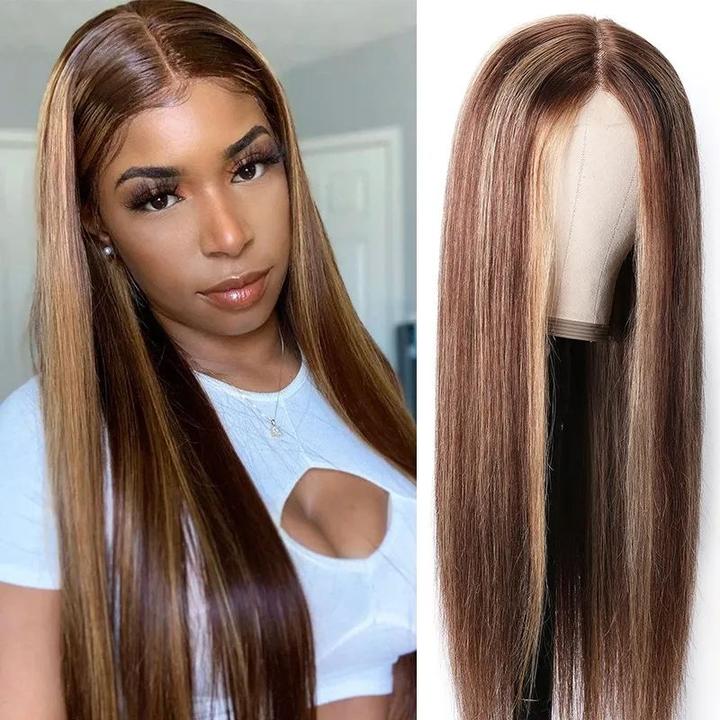 Honey Blonde Highlight Color Silk Straight 4x1 Lace Part Human Hair Wigs 150% Density