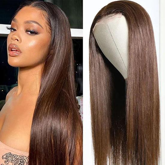 #4 Chestnut Brown Color Glueless Straight Human Hair Wigs Pre Plucked Lace Part Wig