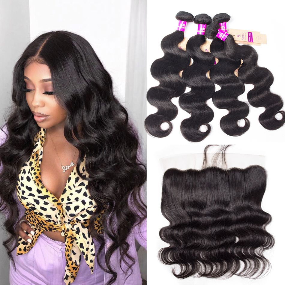 Lace Frontal Closure With Bundles Brazilian Body Wave Hair 4 Bundles With Frontal Virgin Hair With Frontal