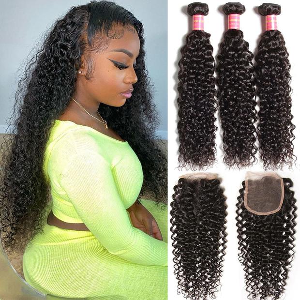 3 Bundles Indian Jerry Curly Human Hair Bundles With 4*4 Lace Closure