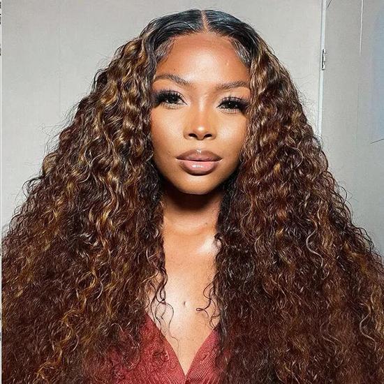 Water Wave Highlight Brown Human Hair Wigs 13x4 Lace Frontal Wigs 150% Density