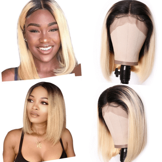 9A Ombre T1b/613 Lace Front Bob Wigs Brazilian Straight Hair 613 Dark Roots Lace Wigs High Density Blunt Cut Human Hair Wigs
