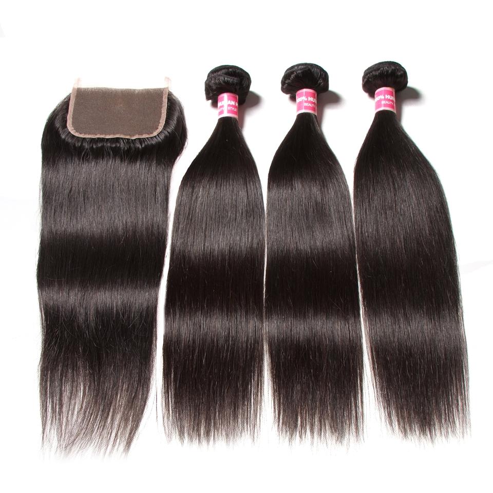 Brazilian Straight Hair 3 Bundles with 4*4 Lace Closure