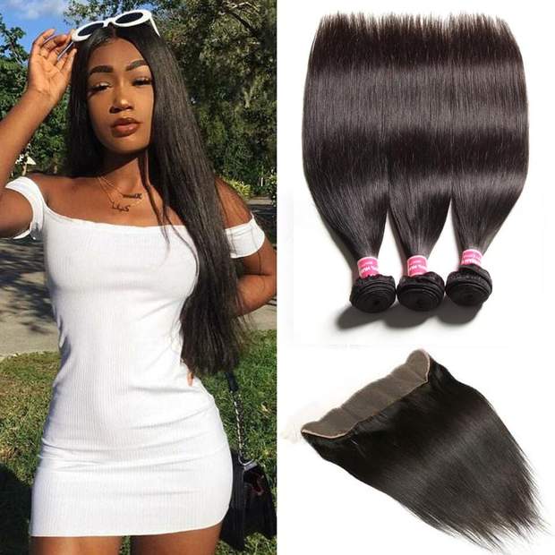 Peruvian Straight Hair 3 Bundles with 13*4 Ear to Ear Lace Frontal Closure Deals