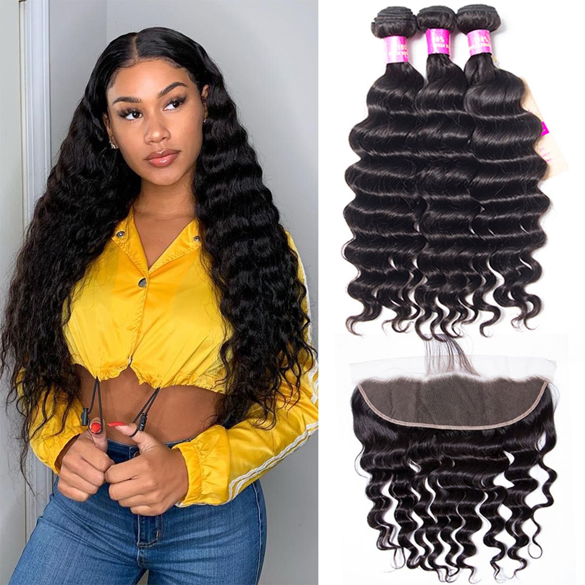 Lace Frontal Closure With Bundles Loose Deep Wave Brazilian Hair Weave 3 Bundles With Frontal Can Be Dyed And Bleached