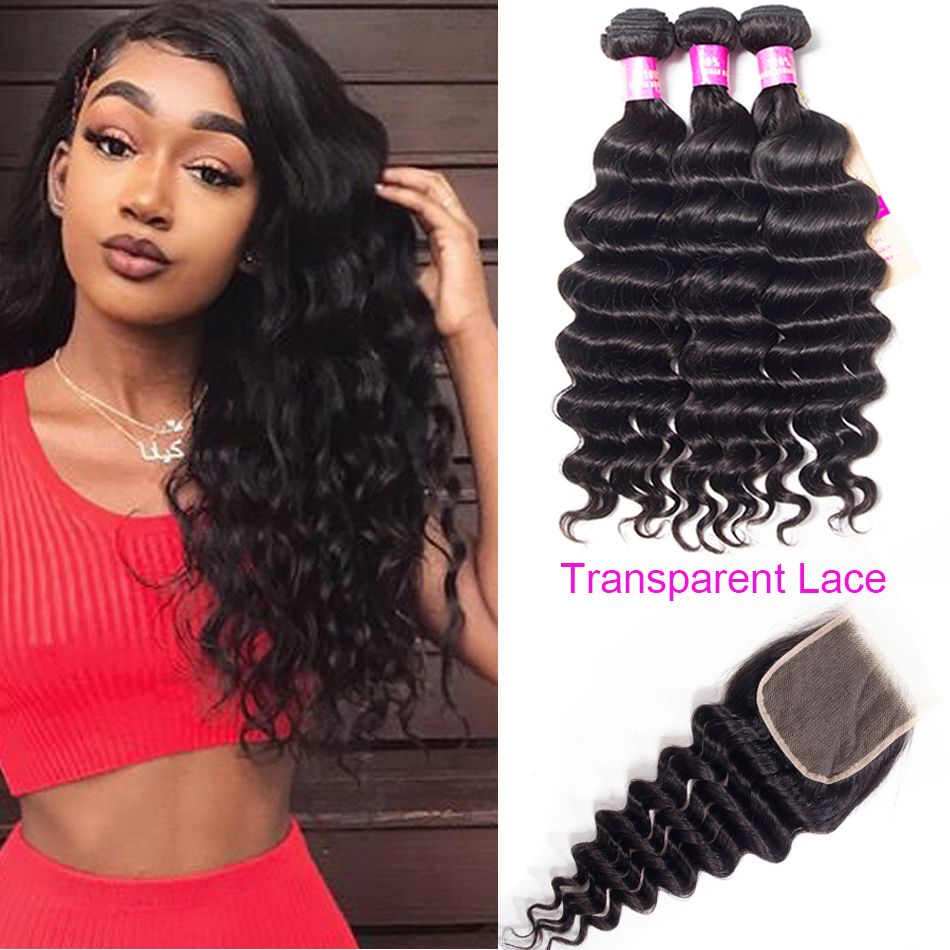 Brazilian Loose Deep Bundles with Transparent Lace Closure