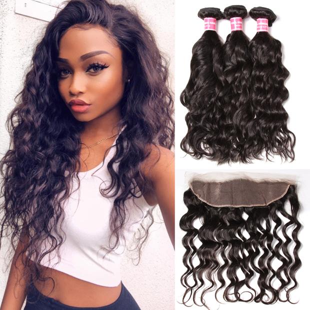 8A Brazilian Natural Wave 3 Bundles with Lace Frontal Closure Human Virgin Hair Extension