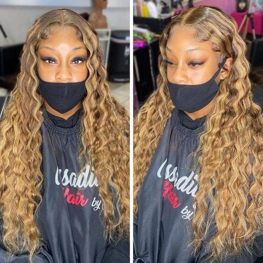Honey Blonde Lace Frontal Wig Pre Plucked Deep Wave Ombre Human Hair Lace Wigs
