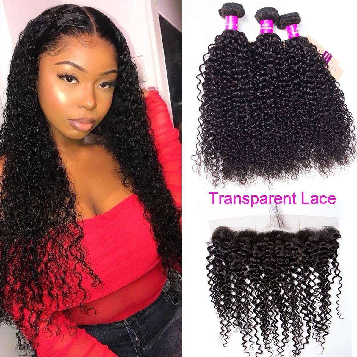 Curly Weave Human Hair 3 Bundle with 13×4 Transparent Lace Frontal Closure