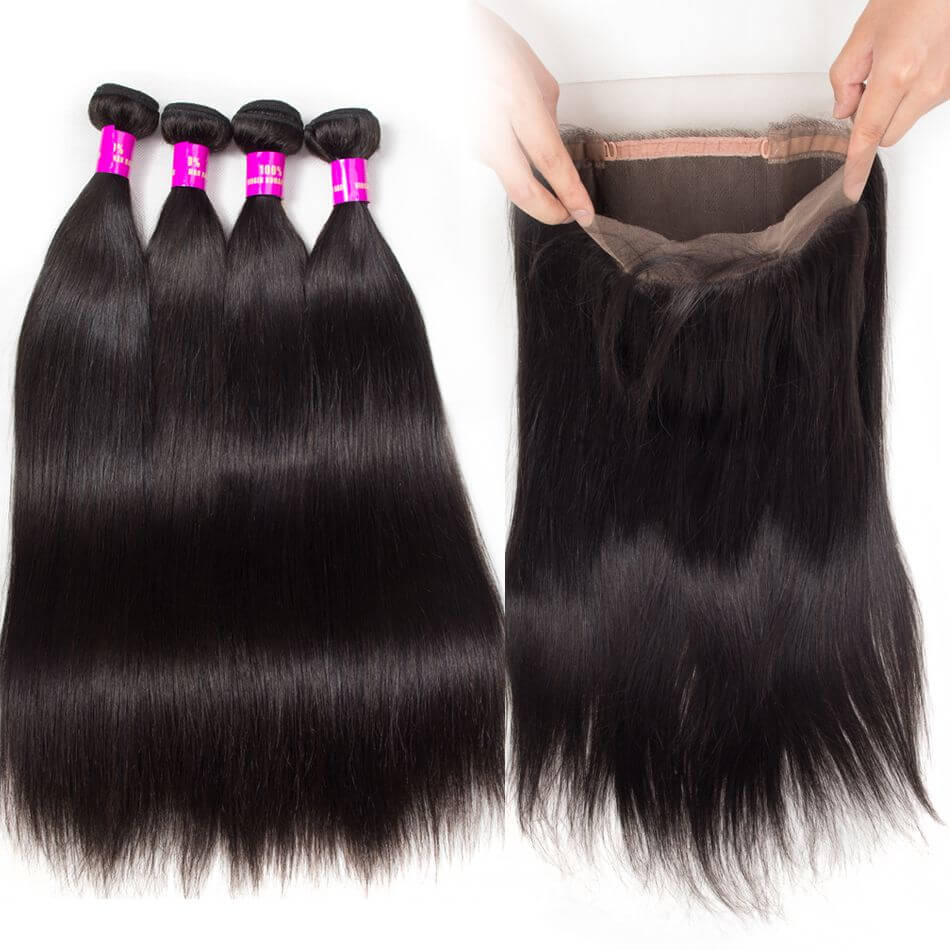 Brazilian Straight Hair 3 Bundles With 360 Frontal Brazilian Virgin Human Hair 360 Lace Frontal Closure With Bundles