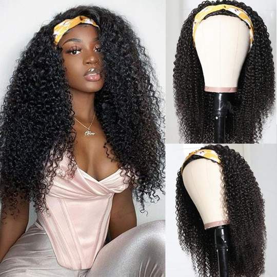 Kinky Curly Human Hair 3/4 Half Wigs For Women Glueless Wigs Natural Color Gift Headband