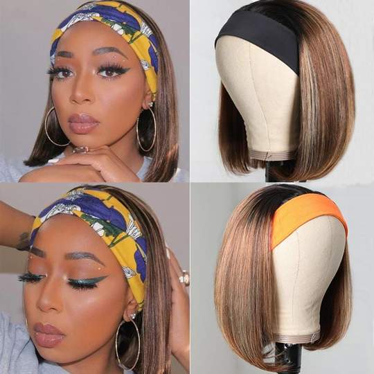 Honey Blonde Highlight Short BOB Headband Wigs 150% Density None Lace Front Wigs