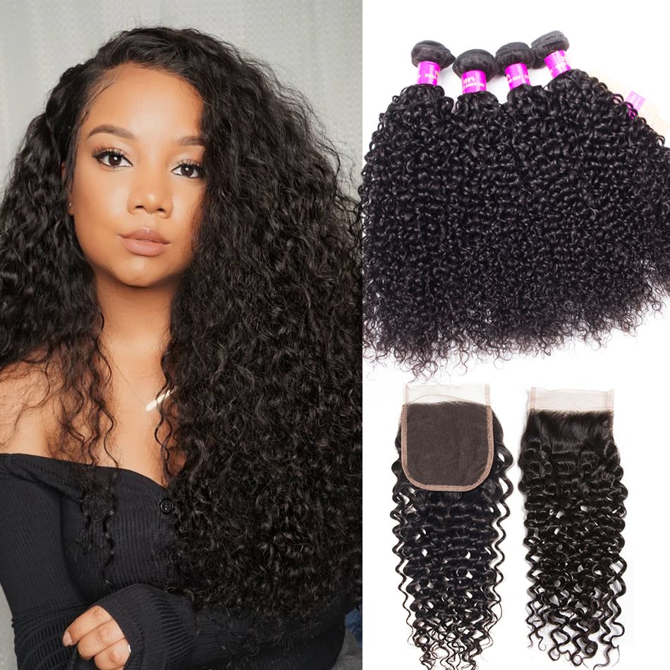 Brazilian Curly Human Hair Weft With Closure 100% Virgin Human Hair 4 Bundles With Closure