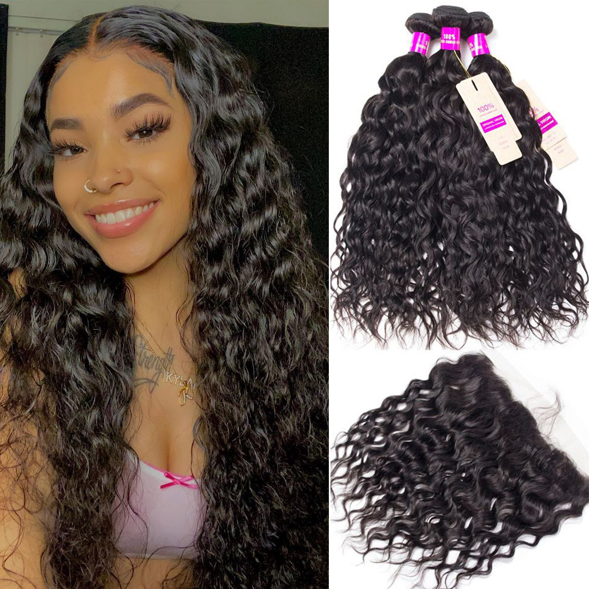 Wet and Wavy Human Hair Weave Bundles With Frontal Natural Color 3 Bundles Peruvian Water Wave With 13*4 Frontal