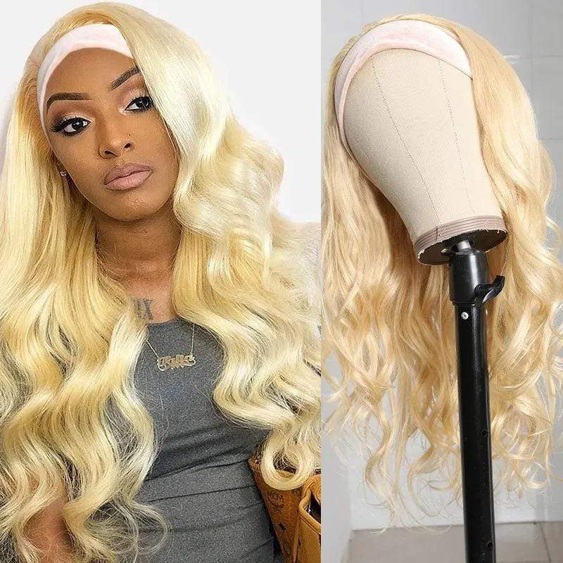 Natural Wave Headband Wigs 613 Blonde Color Glueless Human Hair Wigs With Pre-attached Scarf