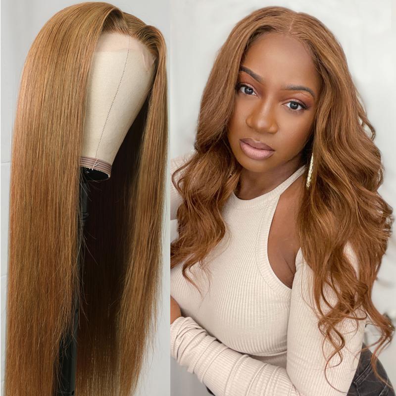 Trendiest Highlight Ginger Brown 8# Color Straight Hand Tied Virgin Human Hair Lace Part Wigs