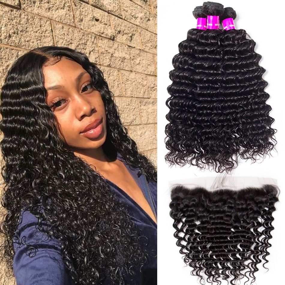 Peruvian Deep Wave With Frontal Wendy Hair 3 Bundles Human Hair Bundles With 13*4 Frontal Deep Wave Curly High Quality