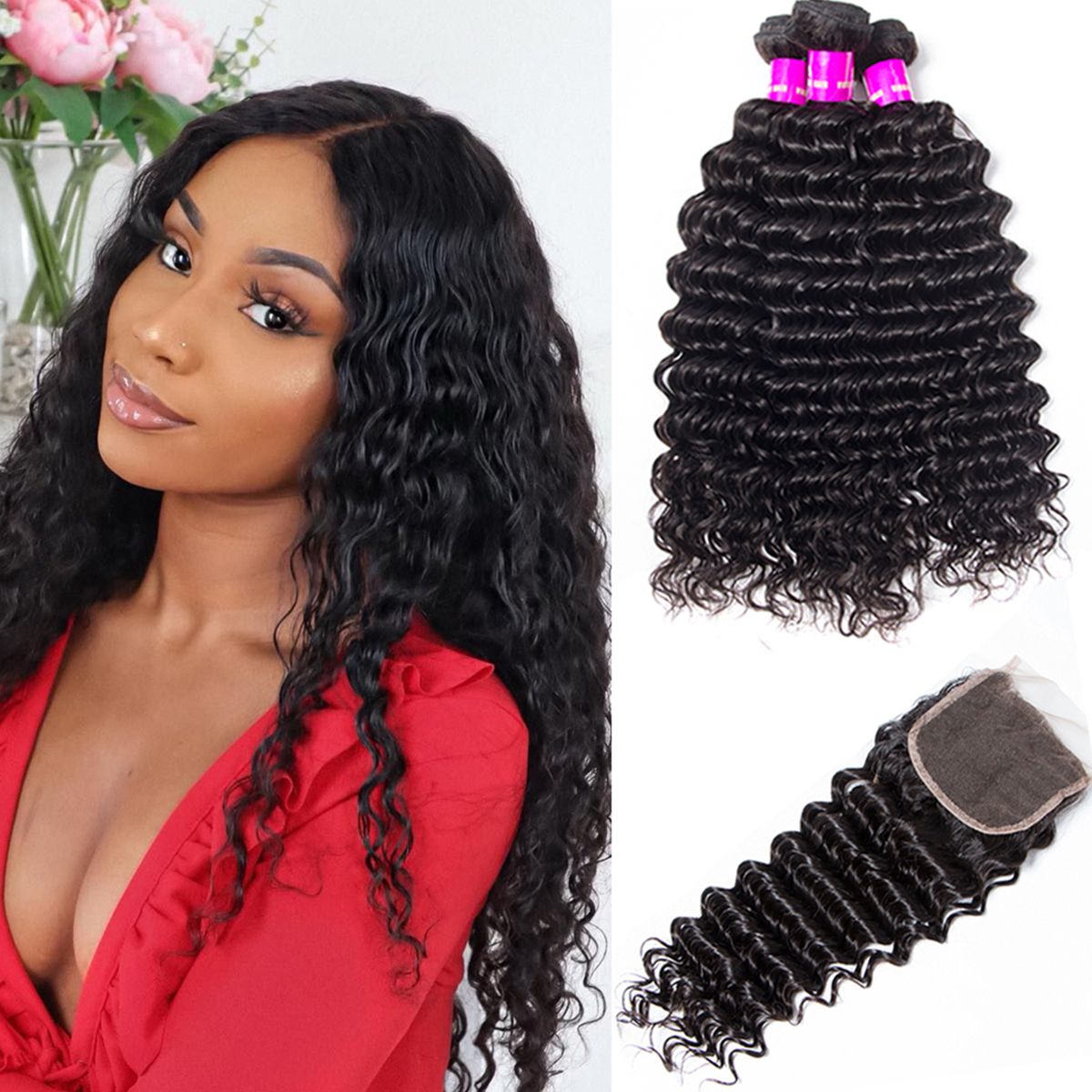Peruvian Deep Wave With Closure Tinashe Hair 3 Bundles Human Hair Bundles With 4*4 Closure Deep Wave Curly High Quality