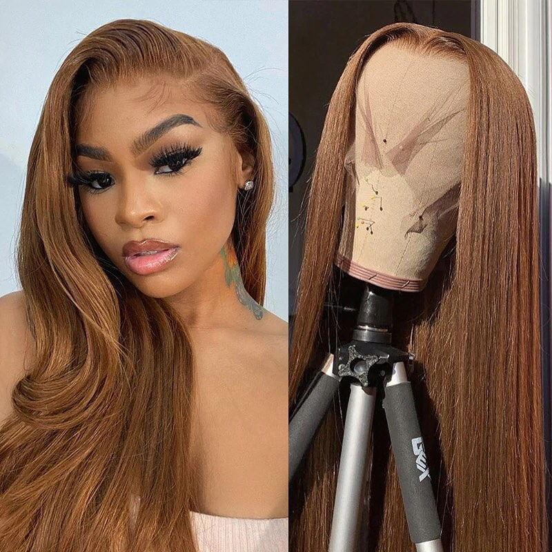 Bone Straight Lace Frontal Wig Ginger Brown Color Virgin Human Hair Lace Part Wigs