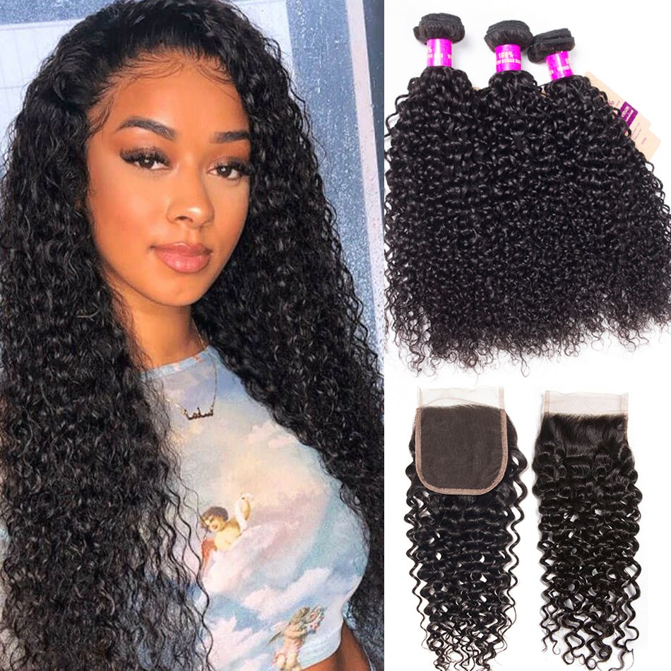 [Copy]Peruvian Curly Human Hair Weft With Closure 100% Virgin Human Hair 3 Bundles With Closure Best Curly