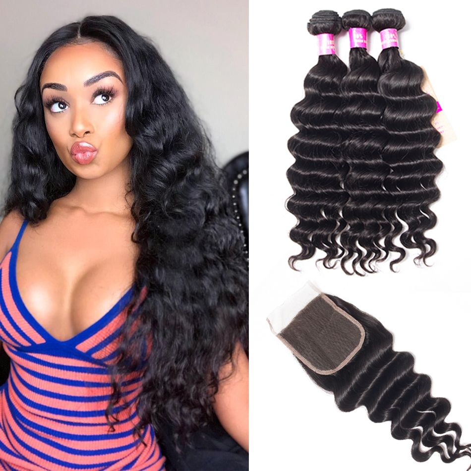 3 Bundles Human Hair Weft With Closure Loose Deep Wave Malaysian Remy Hair Weave Bundles With Closure