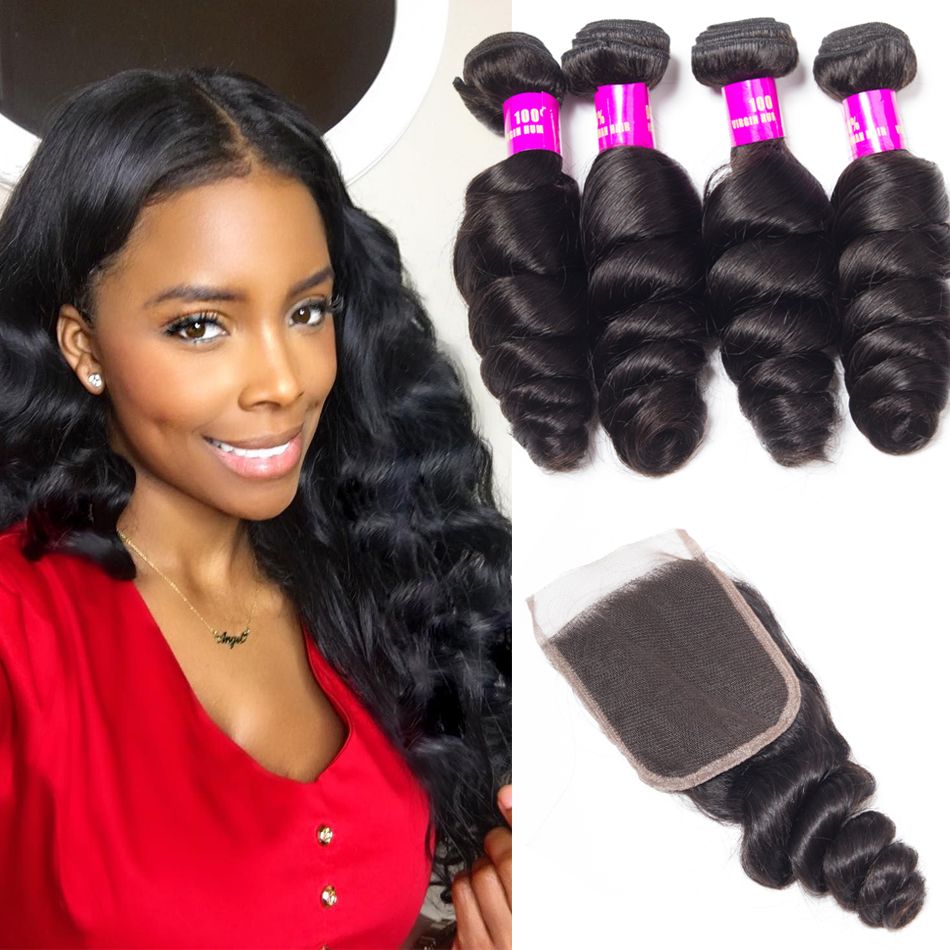 Peruvian Loose Wave With 4*4 Closure 100% Virgin Remy Hair With Closure Spring Loose Curly 4 Bundles Hair With Closure