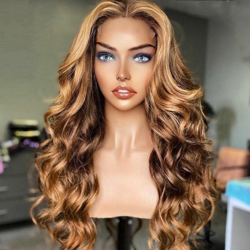Brown Highlight Bouncy Wand Curls Body Wave Piano Color 13x4 Lace Front Wigs