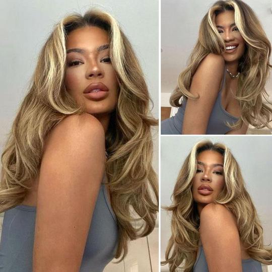 Honey Blonde Face Framing Lace Frontal Wig Ombre Human Hair Dark Roots Blonde Balayage