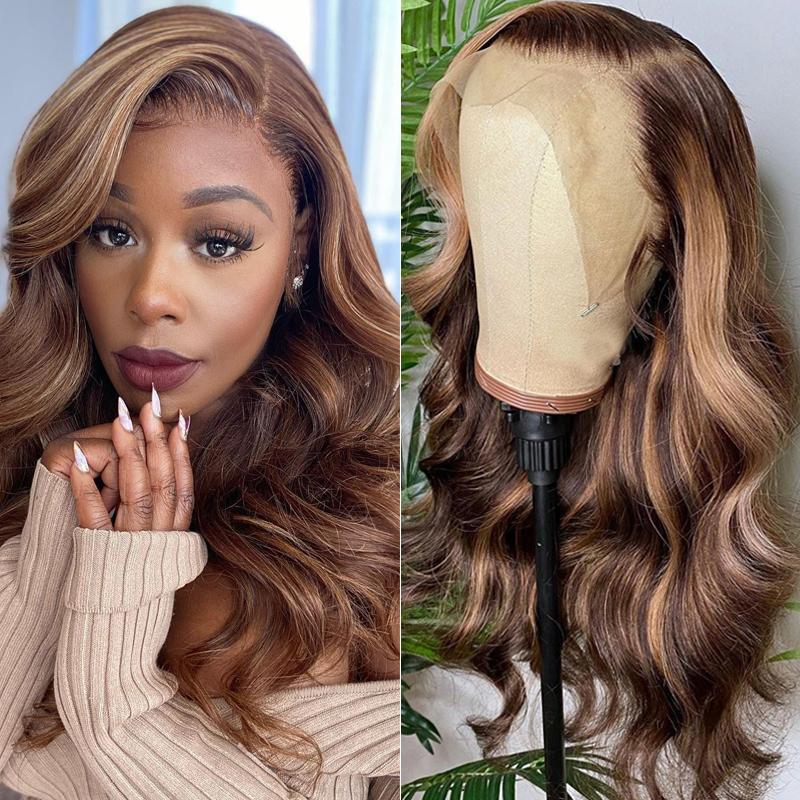 Honey Blonde Highlight Body Wave 13x4 Lace Front Wigs 100% Virgin Human Hair Wigs