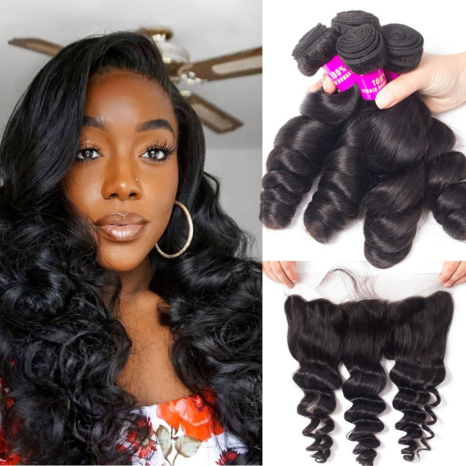 Wendy Virgin Hair Brazilian Loose Wave With Frontal Brazilian Remy Hair Spring Curly 4 Bundles Hair Weft With Frontal